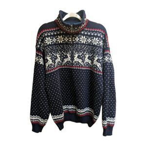 Classic Knit 100% Wool Men's Sweater Sz L 1/4 Zip Fleece Grandpa Holiday Deer